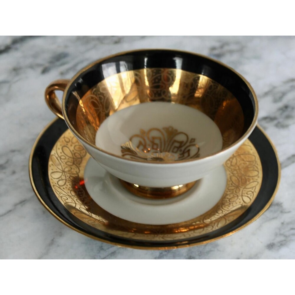 GKC Bavaria Gareis Kuhnl & Co Demitasse Saucer Tea Cup Set 10 Gold Gilded Black